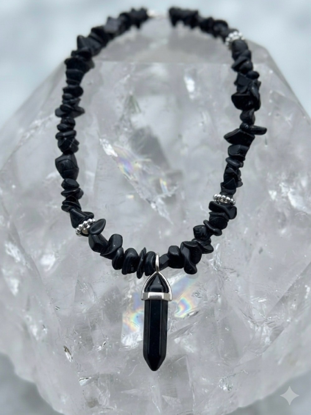 Black Jasper Beaded Necklace with Black Pendant